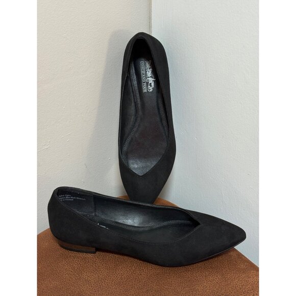 COACH and FOUR Ballet Flats Metallic Sliver Heel Pointed Toe Black Size 6 SlipOn - Picture 1 of 11